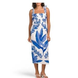 Calypso St. Barth Blue and White Leaf Print Midi Dress